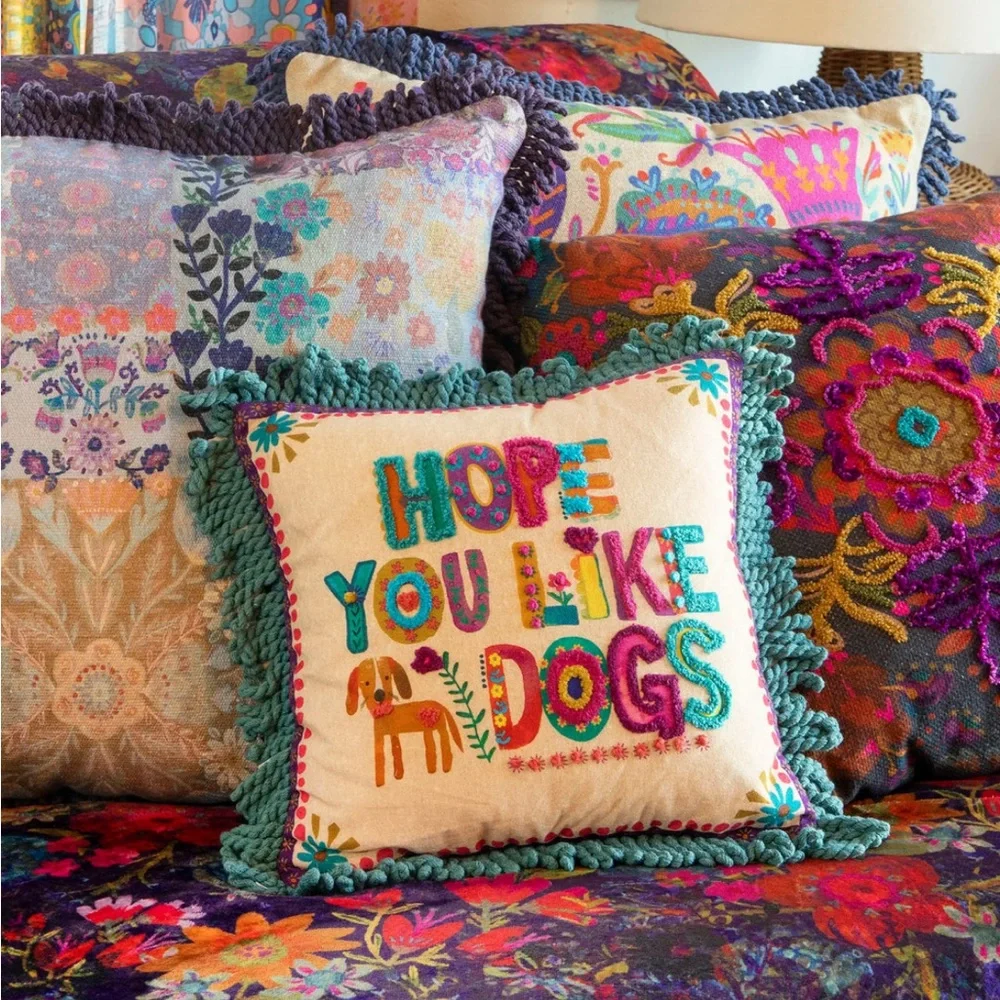 Natural Life Boho Tufted Pillow Hope You Like Dogs with Colorful Fringe - Picture 1 of 13